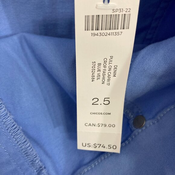NWT Chico’s Pull-On Capri Pants Blue Size 14 Stretch Cotton Blend Casual - Picture 4 of 9